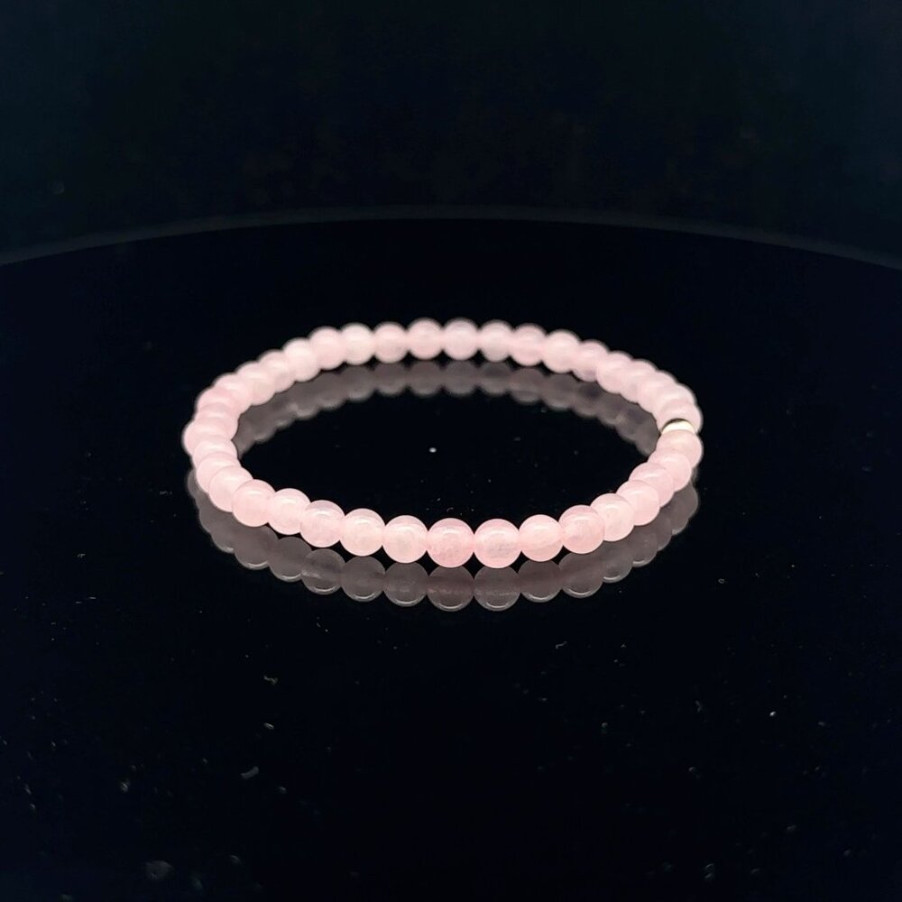 Gemstone Rose Quartz Mini 4mm Stretchable Bracelet 14k Yellow Gold Polished Bead - Picture 5 of 6